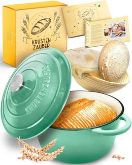 Krustenzauber Brotbackform Gusseisen Topf Brot Backen [inkl. Gärkorb] -, (Hochwertiger Emaille Topf), Idealer gusseiserner Brottopf zum Backen, Gusseisentopf Brotbacken