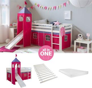 Hochbett mit Matratze 90x200 cm Turm Rutsche Stockbett Kinderbett Leiter Holz Kiefer Vorhang pink Lattenrost Spielbett