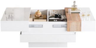 Merax Couchtisch Hochglanz Sofatisch Beistelltisch in Weiß & Holzoptik (1-St, 70×70×39 cm), Wohnzimmertisch mit ausziehbarer Tischplatte & verstecktem Stauraum