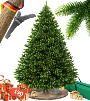 KESSER® Weihnachtsbaum künstlich – wie echt – naturgetreuer Tannenbaum mit Holzständer + Tasche, dichte Zweige, kein Nadeln, realistischer Pine Tree, Christbaum, Dunkelgrün 150 cm, Ohne LED
