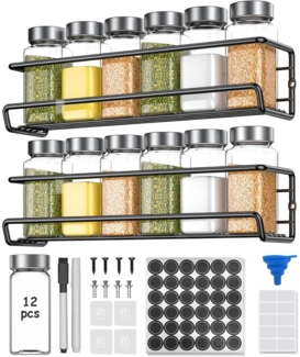 Gewürzregal hängend mit 12 Gläsern & Etiketten - kein Bohren - Wand