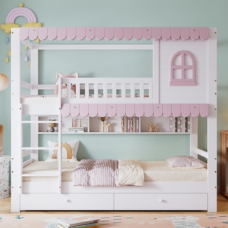 Merax Etagenbett, Kinderbett Mit Fenstern, mit Fallschutzgitter, Offenes Regal, Rosa Traufe, Zwei Schubladen mit Rollen, Reichlich Stauraum, Kiefer+MDF, Weiß+Rosa, 90x200cm