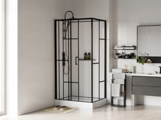 Vente-unique - Duschkabine - rechteckig - Siebdruck - Beidseitige Installation - Weiß & Schwarz matt - 110 x 80 x 225 cm - GAVILA