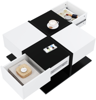 Couchtisch, Moderner Hochglanz-Couchtisch mit 2 Schubladen, quadratisch, mit Stauraum und sanften Schubladenschienen, MDF, Schwarz-Weiß, 70×70×35,5 cm