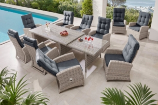 KONIFERA Garten-Essgruppe Monaco, (Set, 31-tlg, 10x Sessel, 1xTisch 200-366x100x75,5cm, inkl. Auflagen, Polyrattan,Alu), Rückenlehne verstellbar, Tischplatte aus 5mm starkem Sicherheitsglas