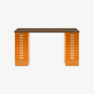 MultiDesk, 2 MultiDrawer mit 10 Schüben, Dekor Nussbaum, Farbe Orange, Maße: H 740 x B 1400 x T 600 mm