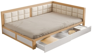 Tongtong Einzelbett Sofa Holzbett, Multifunktionsbett, Weiche Rückenlehnenform, Große Stauraumschubladen, 140cm*200cm,Holzfarbe