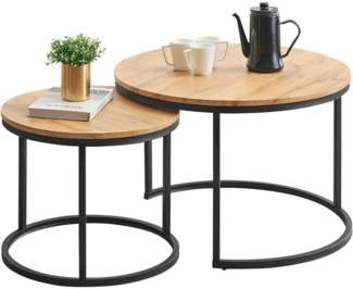 Moderne Couchtisch 2er Set Schwarz Metallgestell Eiche Rund 70x70x45 & 50x50x35