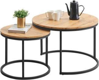 Moderne Couchtisch 2er Set Schwarz Metallgestell Eiche Rund 70 x 70 x 45 & 50 x 50 x 35