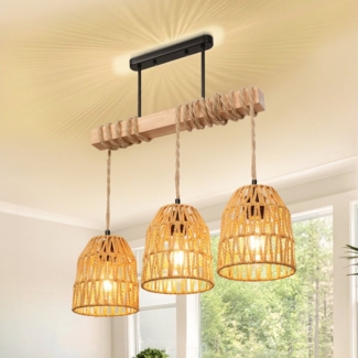 MUPOO Pendelleuchte 3-flammige Holz Hängeleuchte aus Rattan-Schirm/Holz,Höhenverstellbar, LED wechselbar,mit 3 Glühbirnen,für Esszimmer Küche Wohnzimmer
