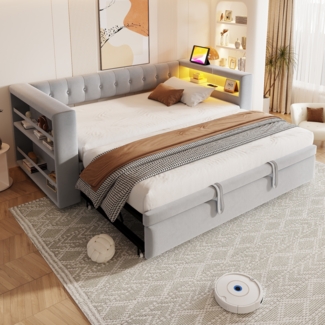 Polsterbett, LED-Beleuchtung, Steckdosen, viel Stauraum, Multifunktions-Schlafsofa, Einzelbett, Hellgrau, 90/180 × 190 cm