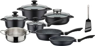 GSW Topf-Set Gourmet Granit, Aluminiumguss (Set, 12-tlg, Kochtopf 20/24, Stieltopf 16, Pfanne 20/24, Bräter, Dampfeinsatz), Induktion
