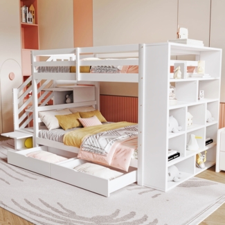 Merax Etagenbett Kinderbett 90x200cm mit 2 Schubladen, Seitschrank, Stauraumtreppe, weiß