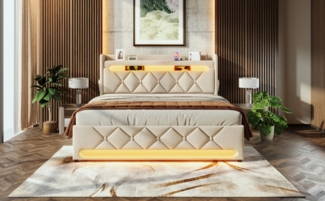 Polsterbett 160x200 cm mit hydraulischem Bettkasten, 360°-LED, USB & Typ‑C Ladeanschluss, Leinenbezug Beige