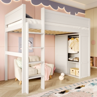 Merax Hochbett 90*200cm, vielseitiges Kinderbett, ausgestattet mit Kleiderschrank, Staufach, offener Unterbettraum, ohne Matratze, Kiefernholz, weiß