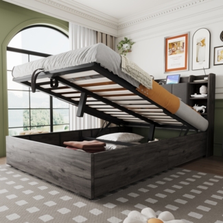 Merax Holzbett 140 x 200 cm, Doppelbett, hydraulisches Bett, Kopfteil mit Stauraum, ausgestattet mit USB-Anschluss und Tape-C-Steckdose, Grau (ohne Matratze)