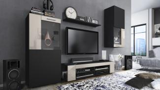 Vladon Wohnwand Movie, Anbauwand bestehend aus 1 TV-Board, 2 Vitrinen und 1 Regal, Schwarz matt/Schwarz matt/Sandgrau Hochglanz (Gesamt: 300 x 190 x 39 cm)