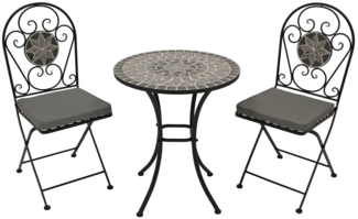 TPFGarden Garten-Essgruppe DERBY, (Bistroset - Gartenset 3-teilig - schwarz pulverbeschichtetes Eisen, 3-tlg, Tischplatte, Sitzfläche und Rückenfläche - Mosaik-Design), (2x Klappstuhl, 1x Tisch 60cm rund)