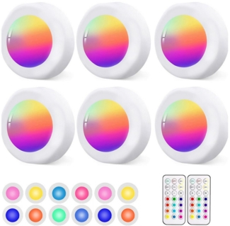 OYLCDI Unterschrankleuchte 3/6/9/12 Stück Batteriebetrieben LED RGB Spots mit Fernbedienung, 13 Farbwechsel Kabellos Vitrinenbeleuchtung, Küche LED Lampe zum Kleben Schranklicht, Dimmbar Unterbauleuchte, Nachtlicht mit Fernbedienung und Timing-Funktion