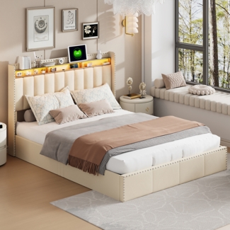 Polsterbett 140x200cm mit 2 USB, Boxspringbett Doppelbett mit Stauraum und Lattenrost, Jugendbett mit Led, Samt, Ohrenform Doppelbett Funktionsbett, Beige