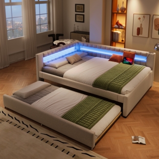 Merax Daybett Polsterbett 140x200cm mit Ausziehbarem Bett, Schlafsofa Tagesbett mit Ladefunkion & LED, Jugendbett Doppelbett, Leinen, Beige