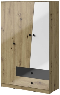 Kleiderschrank "Nero" Schlafzimmerschrank 3-türig 120cm artisan eiche weiß schwarz Hochglanz
