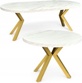 Runder Esstisch Ausziehbar Weißer Marmor (Ø110/210 cm) mit Goldenen X-Metallbeinen