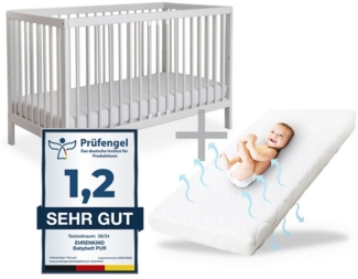 Ehrenkind Babybett PUR inkl. Matratze aus massivem Buchenholz, Gitterbett, Baby Bett, Babybett 60x120 cm