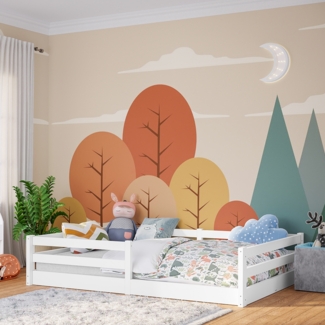 Bellabino 'Iskri' Bodenbett 140x200 cm, weiß, Massivholz Kiefer, Montessori Kinderbett mit Rausfallschutz und Lattenrost