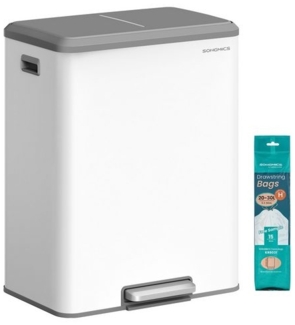 SONGMICS Mülleimer Küche, Mülltrennsystem 2x30 L, 2 Fächer für Recycling und Restmüll, Abfalleimer, Inneneimer, Edelstahl, Softclose-Deckel, breites robustes Peda