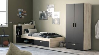 Vente-unique - Kombi-Bett mit Stauraum - 90 x 190/200 cm - Schwarz & Holzfarben - MARTELO
