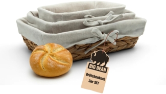 BigDean 3er Set Brötchenkorb Brotkorbchen Brotkorb modern geflochten aus Seegras mit Leinentuch