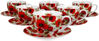 DUO FLORAL 6er-Set Tassen 220 ml LINA mit Untertassen, New Bone China Porzellan