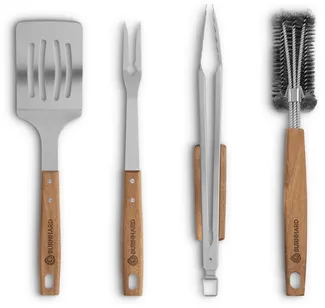 BURNHARD Grillbesteck-Set 4-tlg. 42 cm, Akazienholz Edelstahl, Grillzubehör mit Grillzange, Grillwender, Fleischgabel und Grillbürste mit extra-langen Holzgriffen und Aufhänge-Ösen, Braun