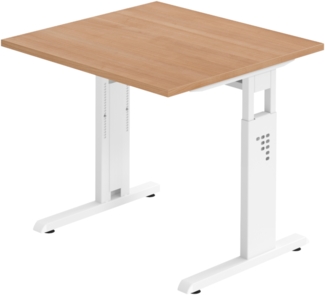 bümö höhenverstellbarer Schreibtisch O-Serie 80x80 cm in Nussbaum, Gestell in weiß - PC Tisch klein für's Büro manuell höhenverstellbar, Computertisch verstellbar, OS-08-N-W