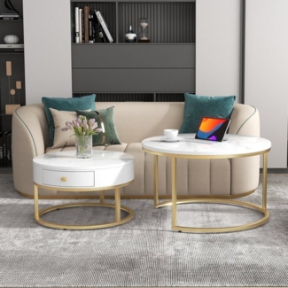 REDOM Couchtisch 2er Set Marmoroptik Nesting Wohnzimmertisch (2-St, mit Hochglanz Marmormuster), Runde Couchtische Runder Nested Beistelltisch