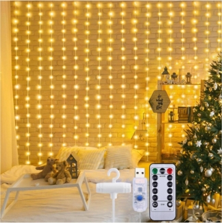 Jibenhome LED-Lichtervorhang USB 8 Modi LED Lichtervorhang, Verstellbare Helligkeit, Timer, Lichterkette Innen Außen Deko für Hochzeit, Party