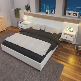 Merax Doppelbett Bettanlage Holzbett 180x200 mit 2 LED Nachtkommoden & 1 USB & 1 Type C & 1 Steckdose & Lattenrost Beige & Weiß