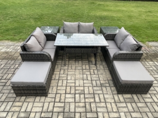 Fimous Outdoor Gartenmöbel-Set Lounge Sofa Set mit Langer rechteckiger Esstisch 2 Großer Hockern 2 Beistelltischen