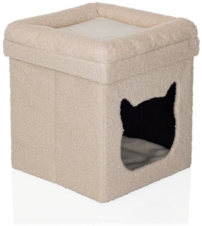 hjh LIVING Tierhaus Katzenhaus PAWY ES Stoff, Faltbares Katzenbett, Robuster Bouclé-Stoff, inkl. Teddy-Kissen