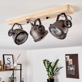 »Biati« verstellbare Deckenlampe aus Metall/Holz/Glas in Schwarz-Braun/Natur, 3-flammig, 3 x GU10-Fassung, max. 50 Watt, dreh- u. schwenkbarer Spot im Retro Design, LED geeignet