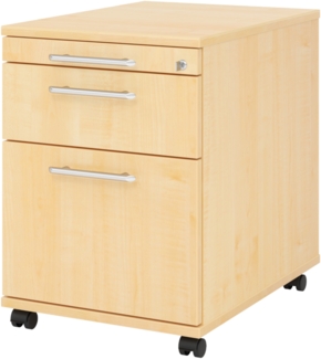 bümö Rollcontainer mit Hängeregistratur, Container abschließbar aus Holz in Ahorn - Rollwagen für's Büro mit Hängeregister als Schreibtisch Unterschrank od. Bürocontainer m. Relinggriffe, AC20-3-3-RE