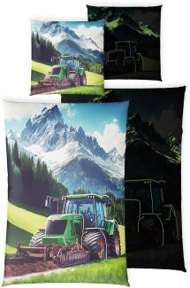 Carpe Sonno Kinderbettwäsche 135x200 Bettwäsche Kinder Traktor Trecker Jungen Baumwolle Leuchtend, Renforcé, 2 teilig, GLOW IN THE DARK Bettwaren Bettzeug Bettbezug Schlepper +10 SPIELE