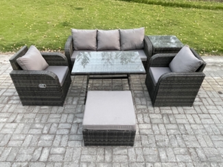 Fimous Hoher Rücken Rattan Gartenmöbel Sets mit Rechteckiger Esstisch Liegestühle 3-Sitzer Sofa 2 Großer Hockern Beistelltisch