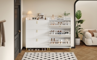 Schuhschrank 80 x 23 x 123,5 cm, 2er-Set, mattweiß mit goldenen Metallfüßen und 3 Klappen,weiß