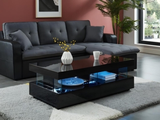 Vente-unique - Couchtisch mit 2 Schubladen + 2 Ablagen + LEDs - MDF lackiert - Schwarz - FABIO