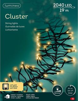 Lumineo LED-Lichterkette Lumineo Lichterkette CLUSTER 2040 LED 19 m Soft Gold, schwarzes Kabel, Indoor/Outdoor, dimmbar, 8h-Timer, + 5 m Zuleitung