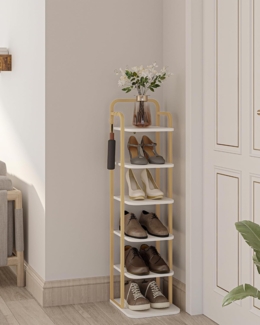 Vertikales Schuhregal, 6-Stöckige Schuhregale, Schuhturm für Kleine Räume, Freistehend, Verstellbar, Platzsparend, Weiß Gold