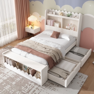 Merax Kinderbett Einzelbett Stauraumbett mit Schubladen, Regal und Sitzbank mit Stauraum, Holzbett 90x190 cm, Bettgestell und Lattenrost aus Holz, Weiß (Ohne Matratze)