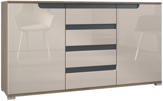 Vladon Sideboard Sylt V1 (Kommode mit 2 Türen und 4 Schubladen, Korpus - Eiche Evoke / Front - Sandgrau Hochglanz), Absetzung - Anthrazit matt (138,5 x 75,5 x 35 cm)